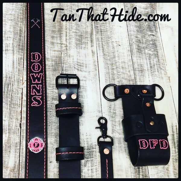 Firefighter Leather Radio Strap, Bucket & Anti-Sway.  Custom Stamped, Stitched and Painting options included with sling.