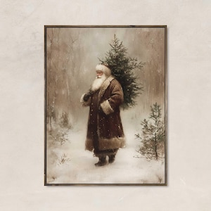 May include: A framed print depicts Santa Claus carrying a Christmas tree through a snowy forest. He wears a long brown coat with fur trim and a white beard. The artwork has a vintage, painterly style, evoking a classic holiday scene.
