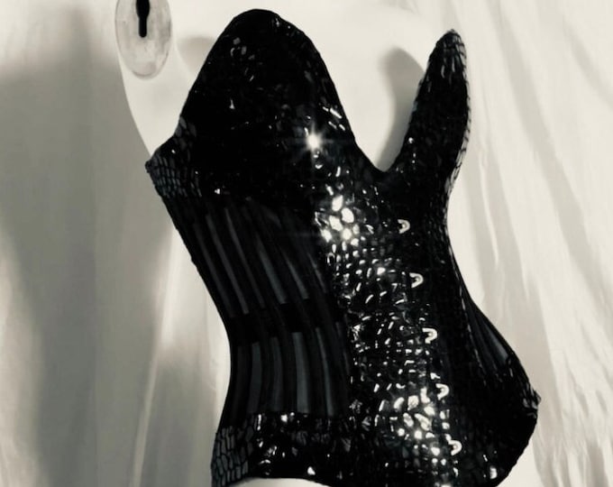 Animal Print Deep Plunge Corset- Goth Corset - Black Sequin Corset- Steel Boned Over bust