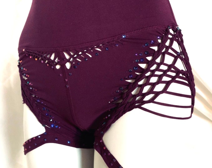 Sexy Sparkle Shorts High Waisted Braided Booty Shorts Slit Weave Yoga Shorts Festival shorts - Purple Grape Medium