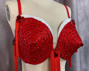 Red Bullet Bra - Crystal Bra- Burlesque Showgirl Costume