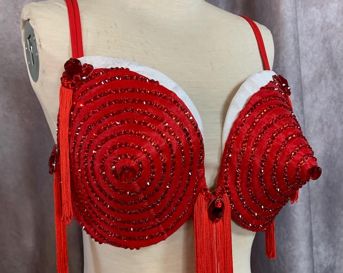 Red Bullet Bra - Crystal Bra- Burlesque Showgirl Costume