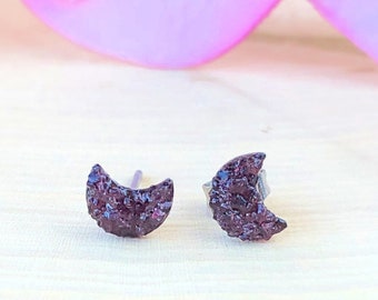 Tiny Red Garnet Moon Studs, Celestial Crescent Stud Earrings, Half Gemstone, Crystal Witchy, Natural, Genuine, Root Chakra, Grounding, Gift