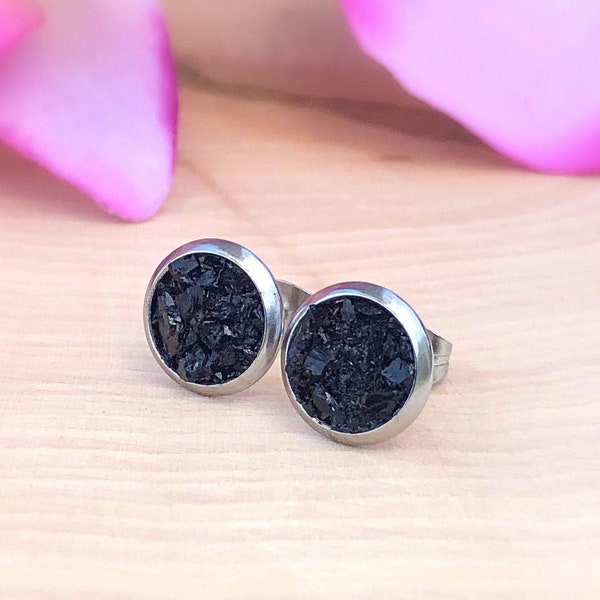 Raw Black Tourmaline Studs, Rough Natural Stone Stud Earrings Post, Crushed Gemstone, Crystal, Rock, October Birthstone, Protection, Gift