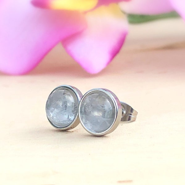 Clear Quartz Stud Earrings, Rock Crystal Stone Studs, 10MM Round Natural Gemstone, Mineral, April Birthstone, Emotional Healing, Positivity