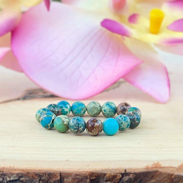 Teal Sea Sediment Jasper Stretch Stackable Gemstone Ring, Imperial, Regalite, Elastic Bead,Crystal Fidget,Anxiety,Positivity,Calming,Healing