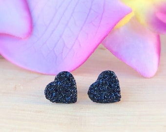 Pendientes de botón de corazón de turmalina negra cruda, pernos de piedras preciosas naturales, piedra genuina, triturado, racimo, cristal en bruto, roca, protección, regalo