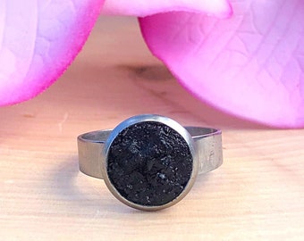 Raw Black Tourmaline Ring, Crushed Stone Adjustable, Healing Crystal Rings Women, Natural, Rough, Mineral,October Birthstone,Protection,Gift