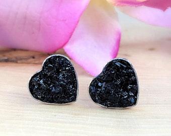 Raw Black Tourmaline Heart Stud Earrings, Natural Gemstone Studs, Genuine Stone, Crushed, Cluster, Rough Crystal, Rock, Protection, Gift