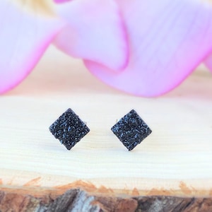 Raw Black Tourmaline Diamond Studs, Rough Natural Stone Stud Earrings Post, Crushed Gemstone,Crystal,Rock,October Birthstone,Protection,Gift