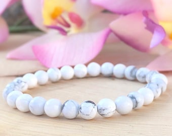 Howlite Mala Bracelet 6mm, Stretch, Wrist Mala, Beaded, Calming, Insomnia, Anxiety, Success, Meditation, Patience, Inner Peace, Gift Yogi