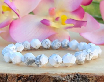 Pulsera de cuentas de howlita blanca para mujer, cristal, piedra preciosa elástica, piedra natural, calmante, para la ansiedad, el insomnio, el éxito, el alivio del estrés, regalo