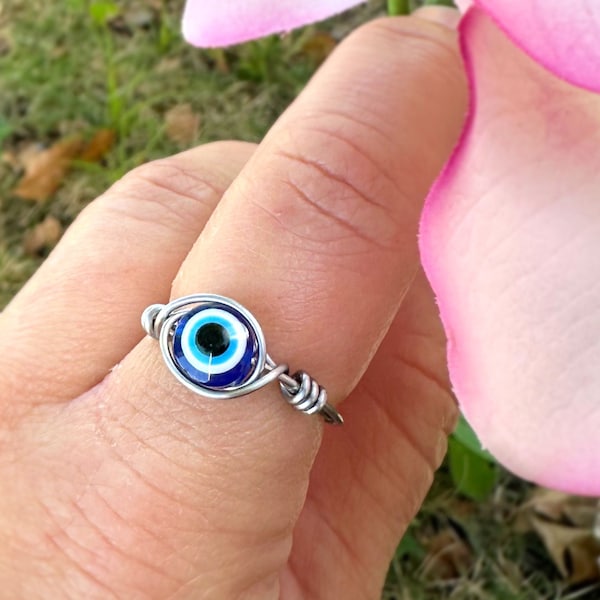 Evil Eye Wire Ring Protection, Stainless Steel Tarnish Free, Luck, All Seeing, Turkish, Kabbalah Nazar Greek Eyeball, Boho Accessories Gift