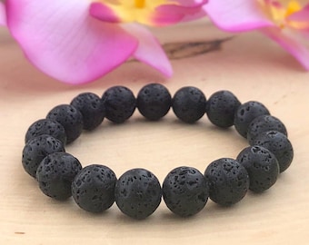 Pulseira de lava preta de 10 mm, contas de lava, ansiedade, aromaterapia, pedra de lava, mala, aterramento vulcânico, calmante, coragem, criatividade, presente para namorado