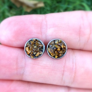 Raw Tigers Eye Stud Earrings, Tiger Eye Studs, Rough Stone Post, Natural Round Crushed Gemstone, Rock Healing Crystal,Success,Good Luck,Gift