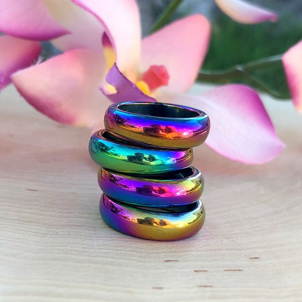 IMPERFECT 6MM Rainbow Metallic Hematite Domed Band Ring,Healing Crystal,Stone,Gemstone,Mens,Women,Protection,Calming,Anxiety,Positivity,Gift