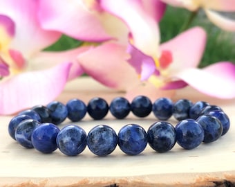 Blue Sodalite Bead Bracelet, Sodalite Stretch Bracelet, Men Sodalite Bracelet, Calming, Emotional Healing, Courage, 7 Chakra Energy, Gift