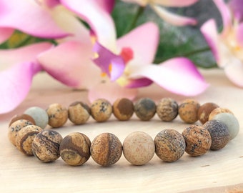 Matte Picture Jasper Bracelet, Brown Bead Stretch Bracelet Mens, Earthy, Harmony, Immune System, Balance, Inner Peace, Emotional Healing