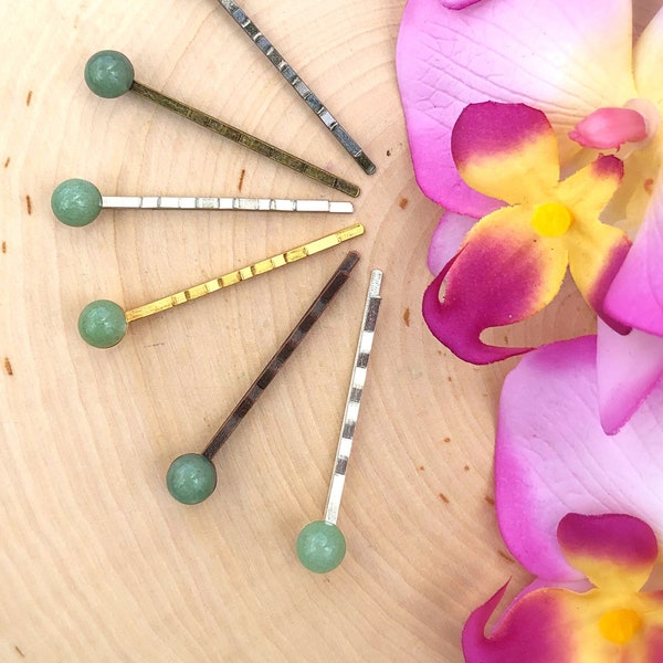 Green Aventurine Gemstone Hair Pin, Boho Bobby Pins Set, Healing Crystal Clip Minimalist, Barrette, Slide, Stone Accessories, Women, Gift