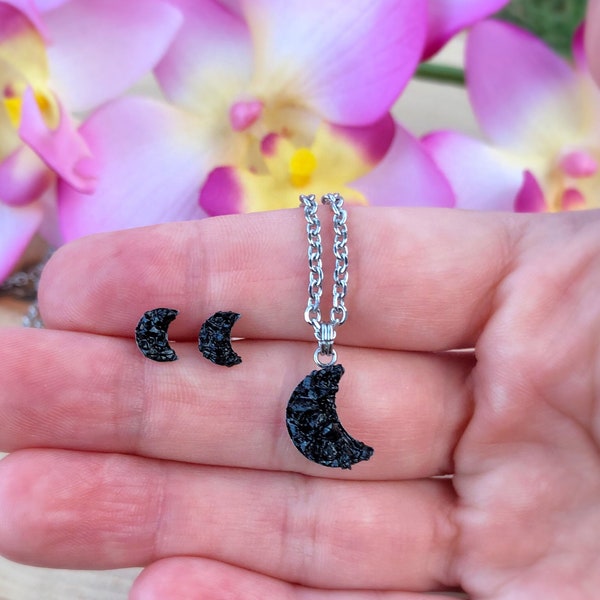 Dainty Black Tourmaline Cresent Gemstone Necklace Earring Set, Celestial Raw Stud, Healing Crystal,Half Moon Choker,Stone Pendant,Women,Gift