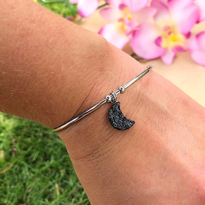 Dainty Black Tourmaline Bracelet Crescent Moon Cuff for Women Stainless Steel Bangle Celestial October Birthstone Protection Grounding Gift