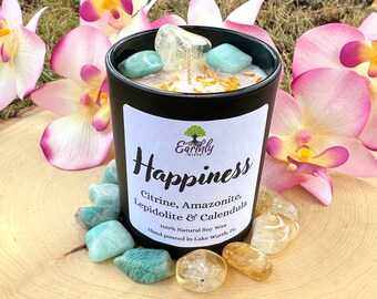 Happiness Intention Candle Infused with Crystals & Flowers, Homemade Meditation Manifestation Crystal Candle,Witchy Spiritual Birthday Gifts