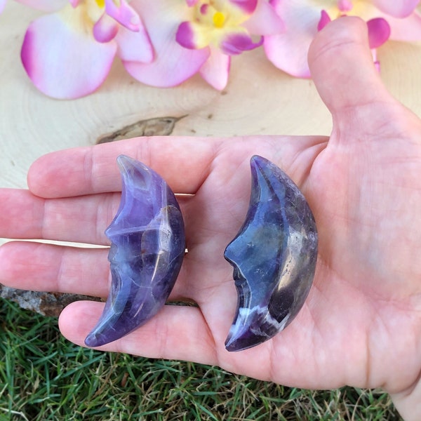 Amethyst Crescent Moon Crystal, Face, Gem, Stone, Gemstone, Jewel, Hand Carved, Decor, Crown Chakra Stuff, Healing, Altar, Yoga, Gift