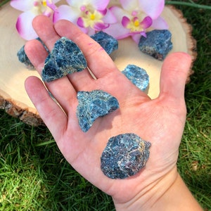May include: A collection of blue green apatite crystals, with a rough, natural finish. The crystals are various sizes and shapes, and have a sparkly, iridescent sheen.