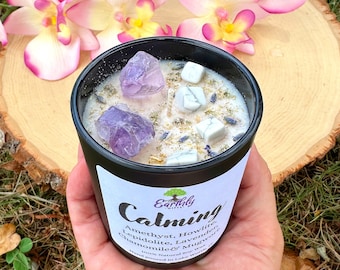 Calming Intention Candle Infused with Crystals & Flowers, Homemade Meditation Manifestation Crystal Candle, Witchy Spiritual Birthday Gifts