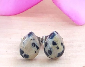 Dalmatian Jasper Stone Teardrop Stud Earrings, Pear Shaped Gemstone Studs, Positivity, Good Luck, Inner Peace, Emotional Healing, Dalmation