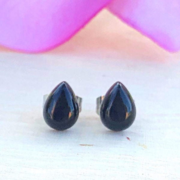 Black Obsidian Pear Shaped Gemstone Studs, Crystal Teardrop Stud Earrings, Stone, Post, Scorpio, Libra, Healing, Inner Peace, Grounding,Gift