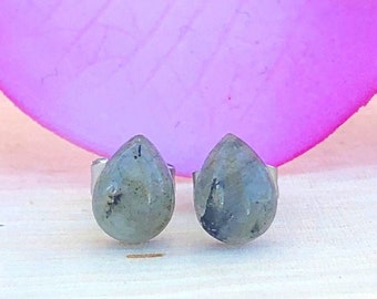 Labradorite Teardrop Gemstone Stud Earrings, Pear Shaped Studs, Calming, Protection, Anxiety, Emotional Healing, Creativity, Yogi Gift