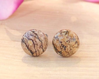 Picture Jasper Earrings Studs, 8MM Brown Natural Round Gemstone, Healing Crystal Stud, Silver, Earthy, Immune System, Balance, Inner Peace