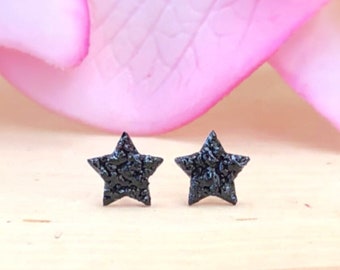 Pequeños tachuelas de estrella de turmalina negra, pendientes celestiales, piedra preciosa, cristal crudo, piedra natural, roca, racimo, áspero, curación, regalos, regalos