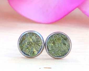 Raw Green Peridot Studs, Rough Natural Stone Stud Earrings Post, Crushed Gemstone, Crystal,Rock, Healing, August Birthstone, Stress Relief