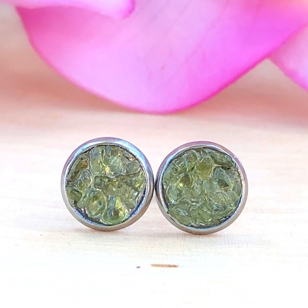 Raw Green Peridot Studs, Rough Natural Stone Stud Earrings Post, Crushed Gemstone, Crystal,Rock, Healing, August Birthstone, Stress Relief