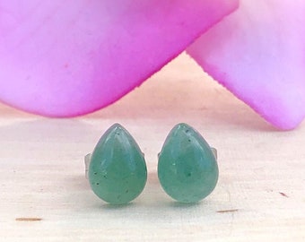 Green Aventurine Teardrop Gemstone Stud Earrings, Pear Shaped Studs, Crystal, Creativity, Emotional Healing, Positivity, Good Luck, Success