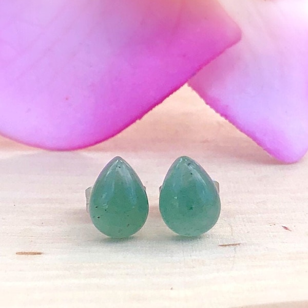 Green Aventurine Teardrop Gemstone Stud Earrings, Pear Shaped Studs, Crystal, Creativity, Emotional Healing, Positivity, Good Luck, Success