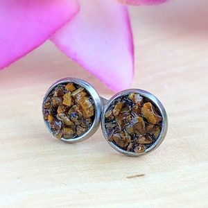 Raw Tigers Eye Stud Earrings, Tiger Eye Studs, Rough Stone Post, Natural Round Crushed Gemstone, Rock Healing Crystal,Success,Good Luck,Gift