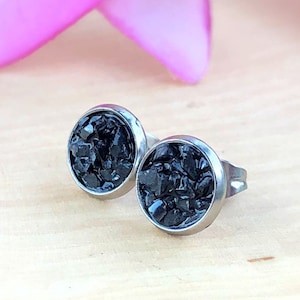 Raw Hematite Silver Stud Earrings, Round Crushed Gemstone Studs, Crystal Healing, Rough Stone Post Rock, Calming, Anxiety, Positivity, Gift