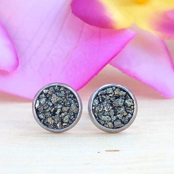 Raw Crushed Pyrite Studs, Rough Natural Stone Stud Earrings Post, Gemstone, Crystal, Rock, Leo Birthstone, Protection, Abundance, Yogi Gift