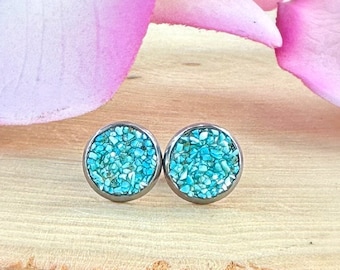 Turquoise Stud Earrings, Turquoise Earrings Studs, Raw Crystal Earrings, December Birthstone Earrings, Calming Earrings, Protection Earrings