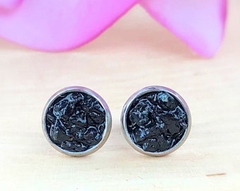 Raw Black Lava Studs, Volcanic Rock Stud Earrings, Rough Natural Stone Post, Crushed Gemstone,Healing Crystal Calming,Grounding,Courage,Gift