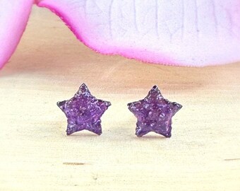 Tiny Amethyst Star Studs, Raw Crystal Celestial Stud Earrings, Natural Stone Studs, Gemstone Protection Studs, Calming Jewelry Gift for Her