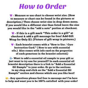 May include: A purple text graphic that says "How to Order" at the top. Below the title are instructions on how to order bracelets, including measuring wrist size, gift options, and essential oil samples. The text is in a handwritten style.