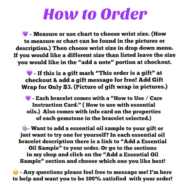 May include: A purple text graphic that says "How to Order" at the top. Below the title are instructions on how to order bracelets, including measuring wrist size, gift options, and essential oil samples. The text is in a handwritten style.