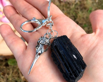 Black Tourmaline Raw Crystal Keychain, Raven Keychain, Bird Skull, Crow, Key Ring, Key Holder, Key Fob, Gothic Skull Gift Crystal Lover