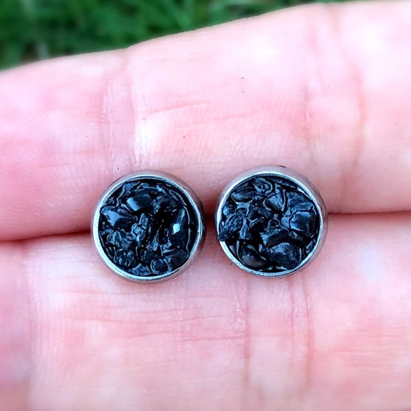 Raw Hematite Silver Stud Earrings, Round Crushed Gemstone Studs, Crystal Healing, Rough Stone Post Rock, Calming, Anxiety, Positivity, Gift