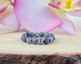Gray Jasper Stretch Stackable Gemstone Ring, Picasso Jasper Elastic Bead Ring, Crystal Fidget, Anxiety, Men, Healing Women, Items