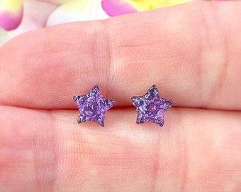 Tiny Amethyst Star Studs, Raw Crystal Celestial Stud Earrings, Natural Stone Studs, Gemstone Protection Studs, Calming Jewelry Gift for Her